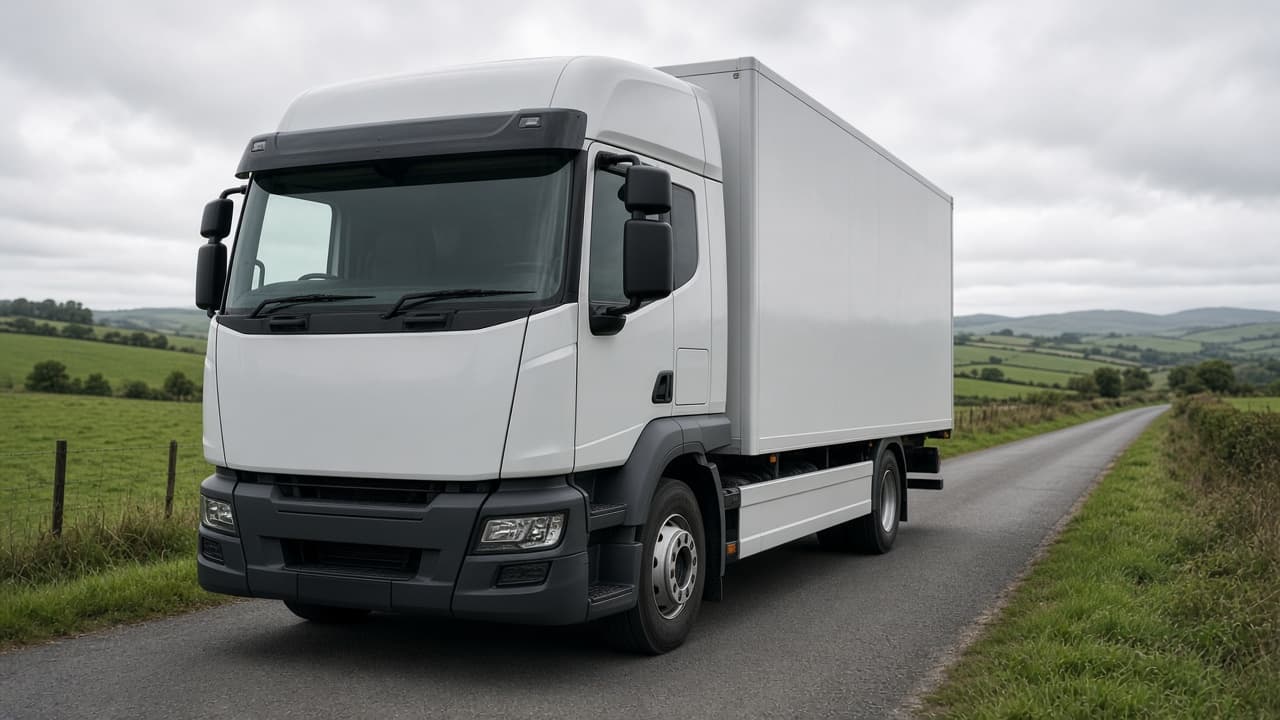 A rigid truck on a quiet Irish access road. Supporting photograph; plate area not shown.