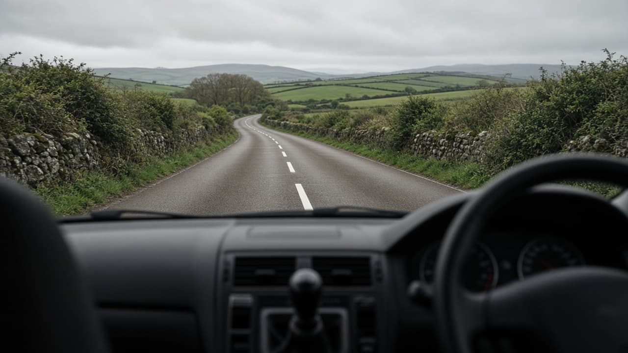 An Irish road photographed from a moving car during a driving lesson.