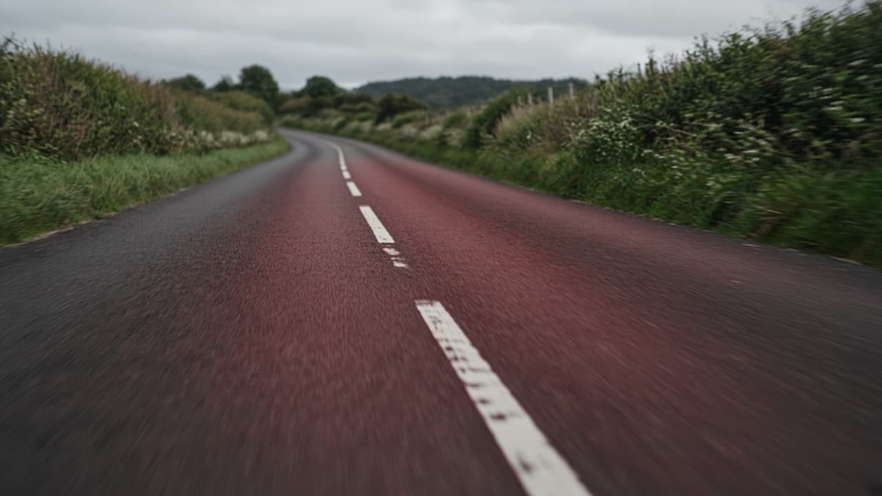 Road markings on an Irish road, photographed from a moving car.