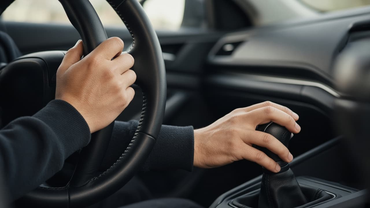 Hands on a steering wheel and manual gear lever during a calm lesson. Supporting photograph; not an identified learner.